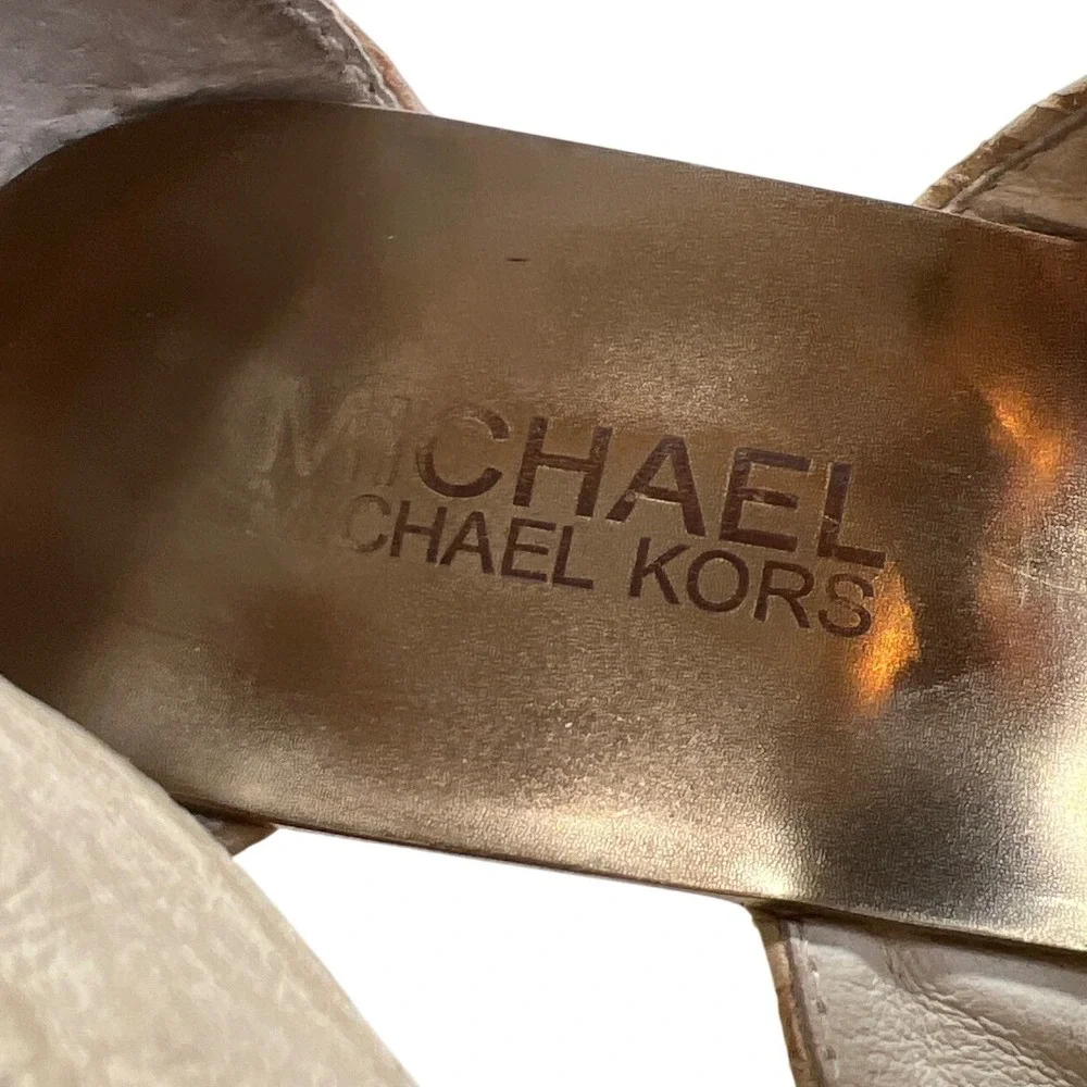 Michael Kors Snakeskin Embossed Leather Cage Sandals Tan Gold Zip Heels Size 8